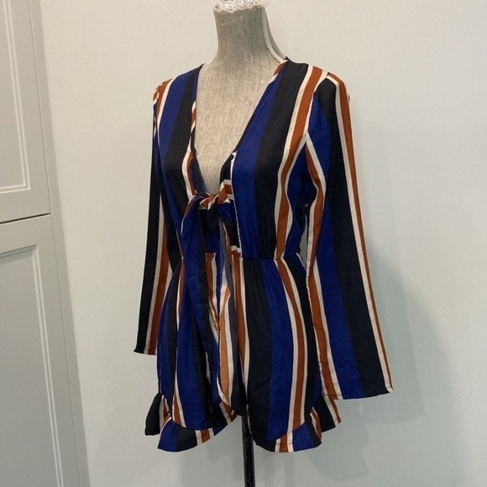 Striped Tie-Front Romper in Navy, Rust & White